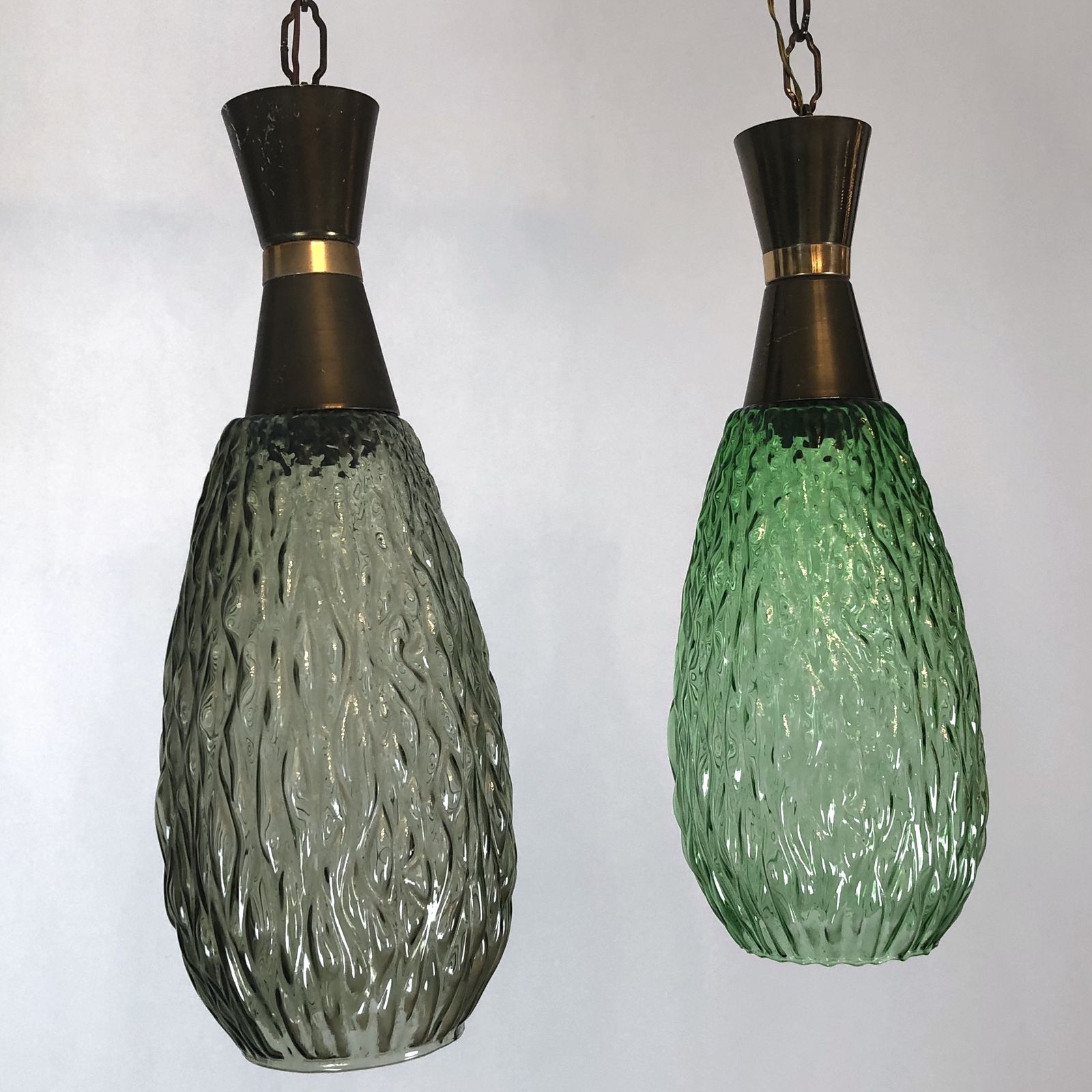 Lighting Set Of Two Vintage Italian Metal And Glass Pendant Lamps From 60s photo