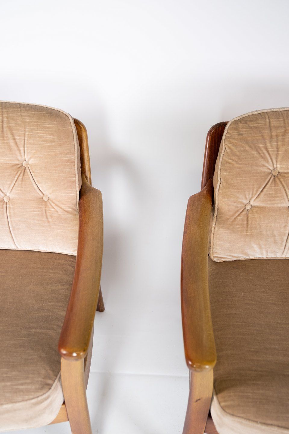 A Set Of Easy Chairs In Polished Wood And Cushions In Velor By Dansk Design From The 1960s. photo for sale
