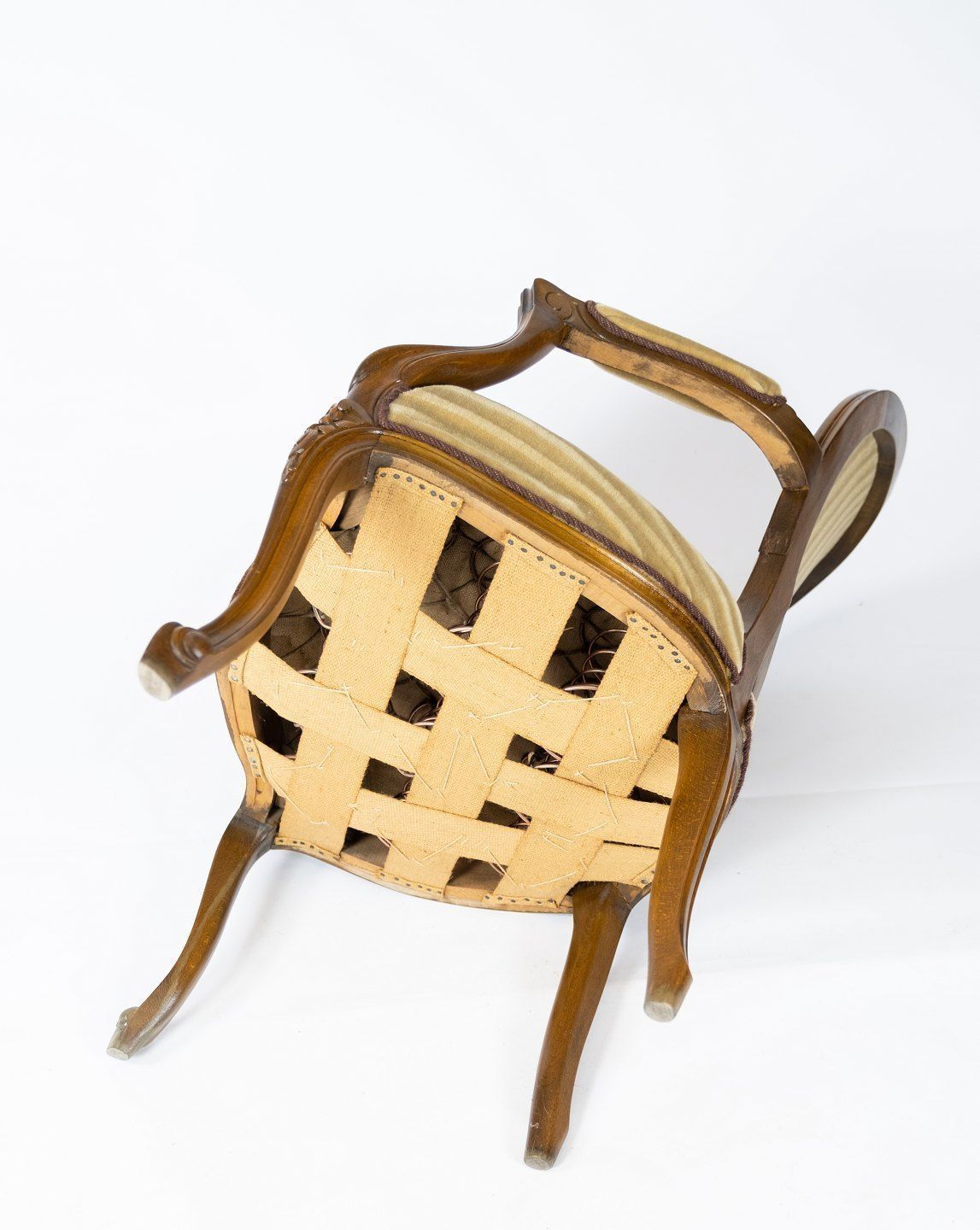 Rococo Armchair In Light Wood And Upholstered In Light Velor Fabric From The 1920s. photo vinterior