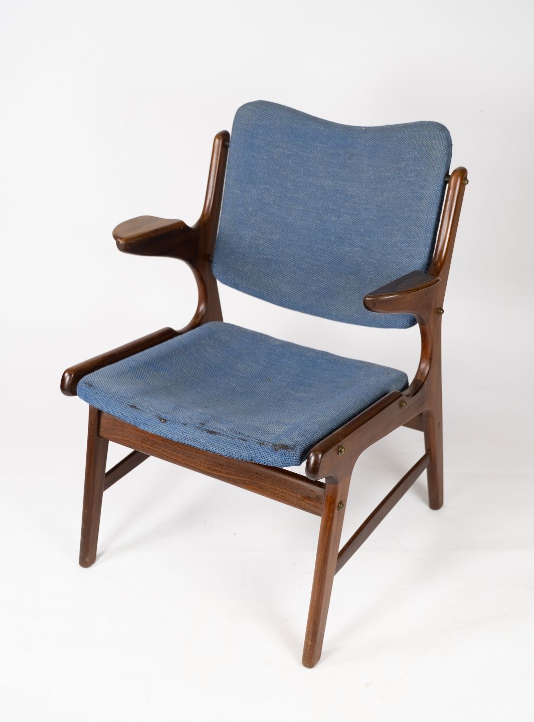 Armchair In Teak And Blue Fabric By Arne Hovmand Olsen From The 1960s.
