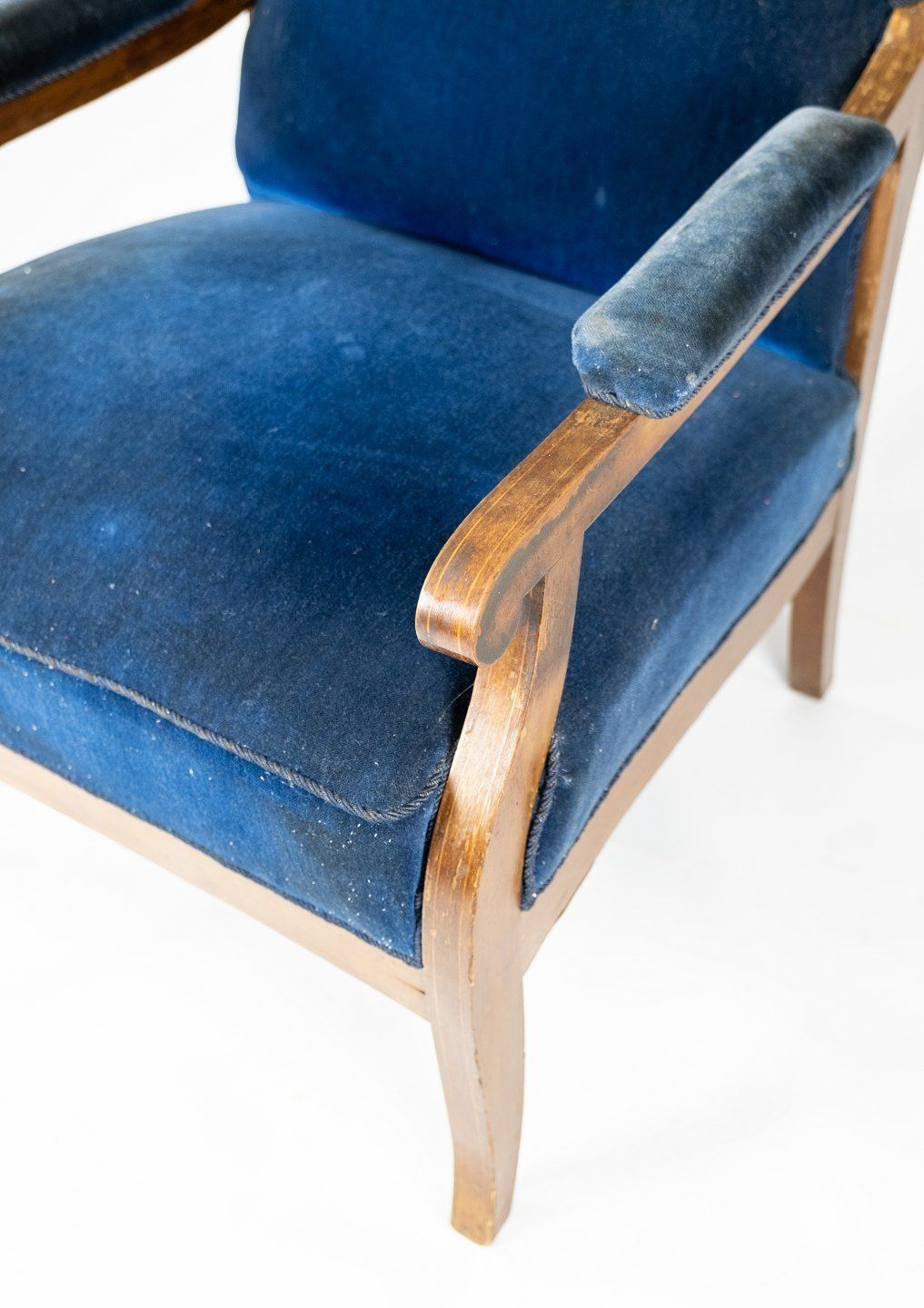 Antique Armchair Upholstered With Dark Blue Velor Fabric And Mahogany Designed By Fritz Henningsen. photo furniture