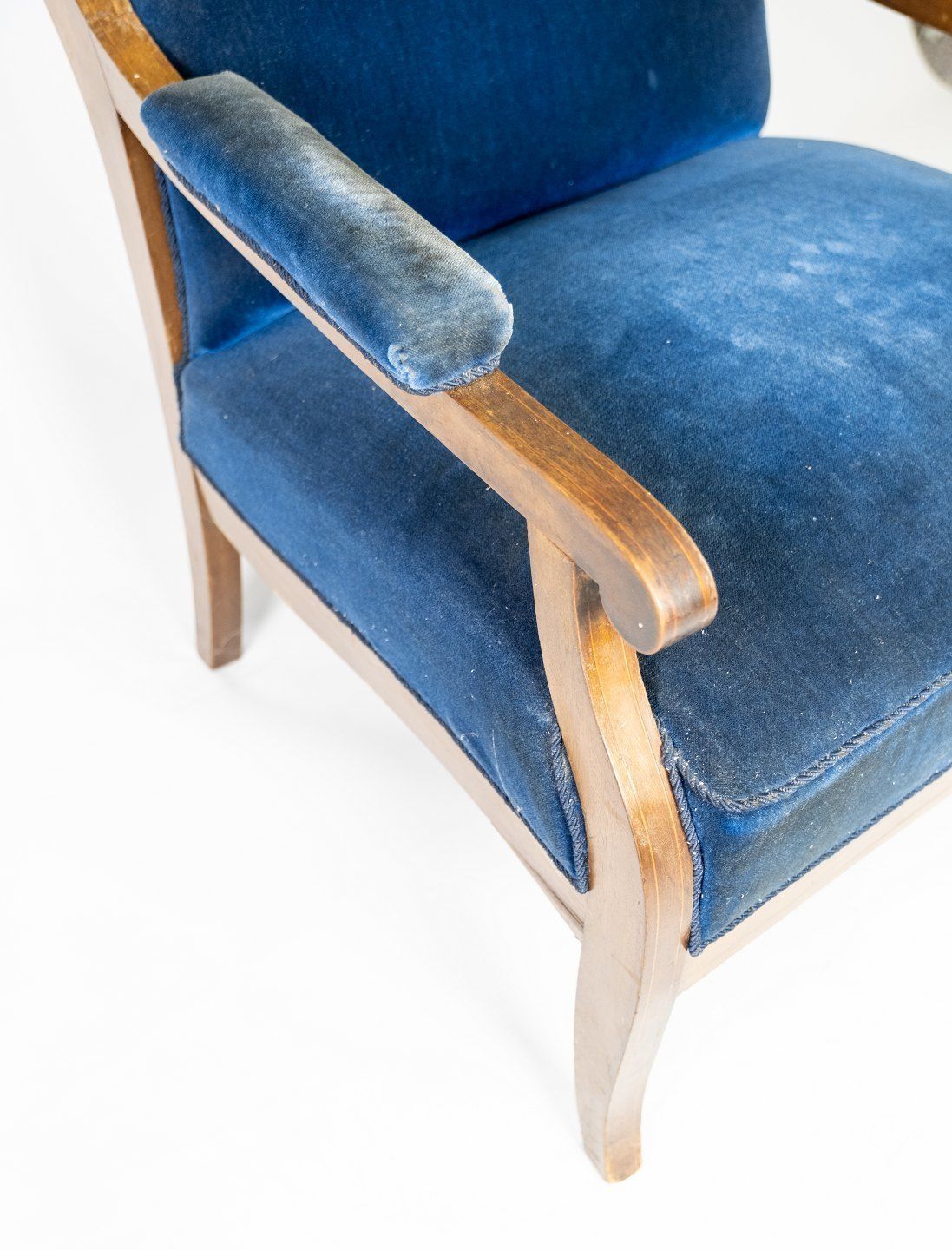 Antique Armchair Upholstered With Dark Blue Velor Fabric And Mahogany Designed By Fritz Henningsen. photo Furniture