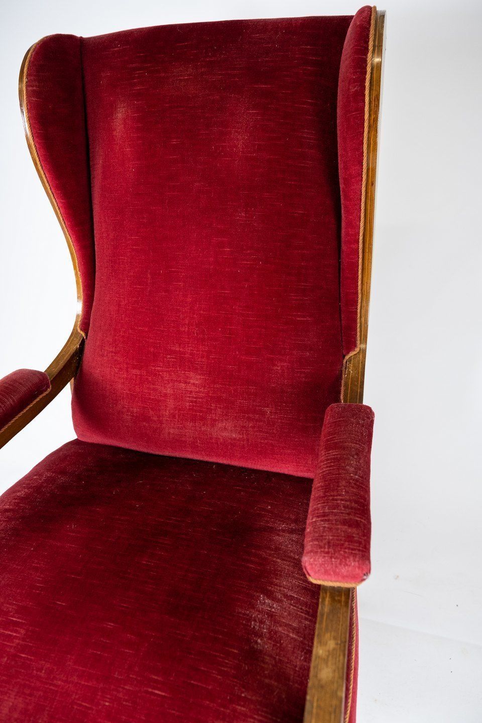 Armchair Upholstered With Red Velor Fabric And Mahogany Designed By Fritz Henningsen. photo for sale