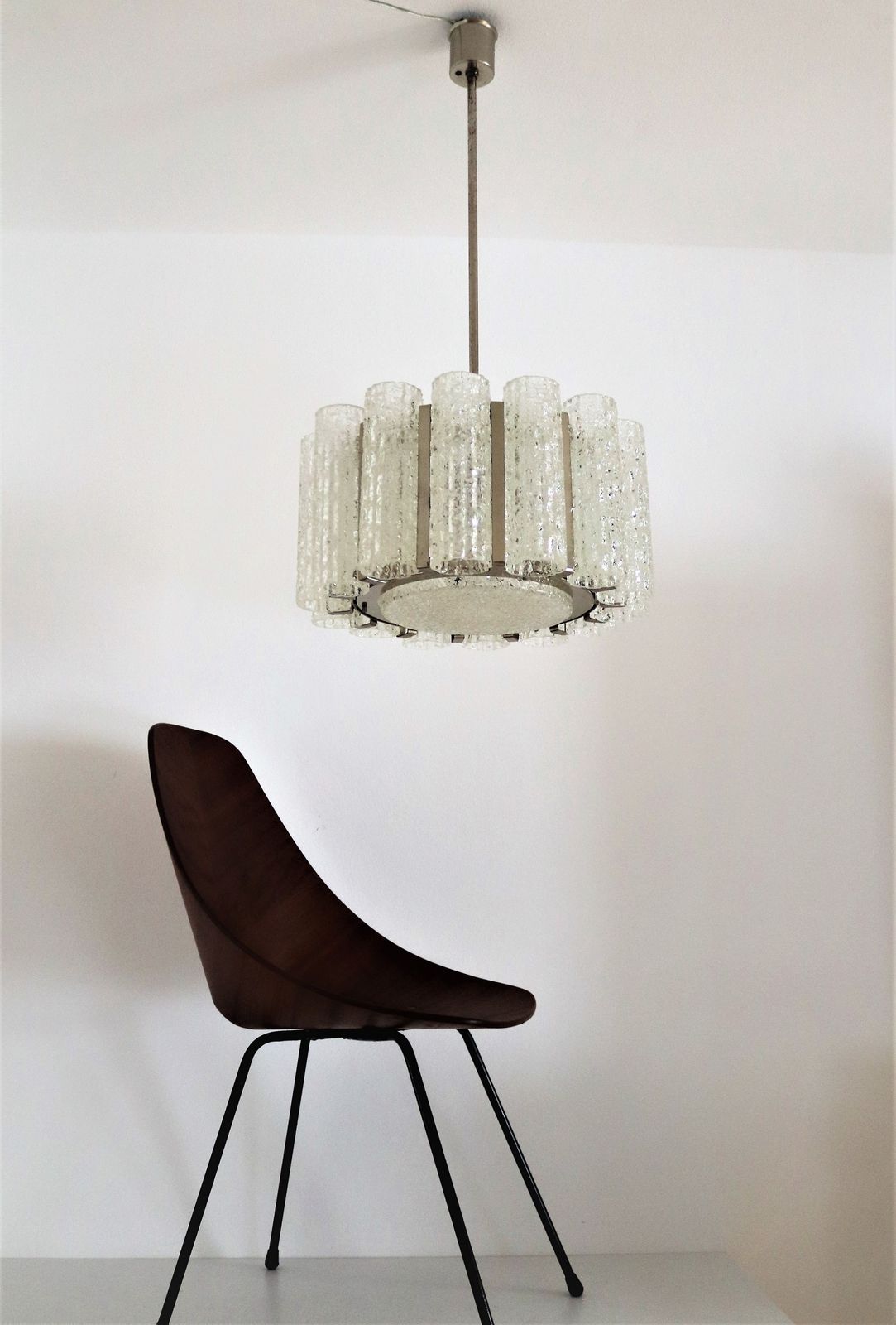 Midcentury Barovier Toso Murano Ice Glass Chandelier With Chrome Frame, 1960s photo for sale