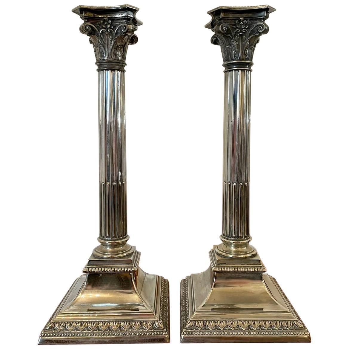 Pair Of Antique Silver Plated Corinthian Candlesticks