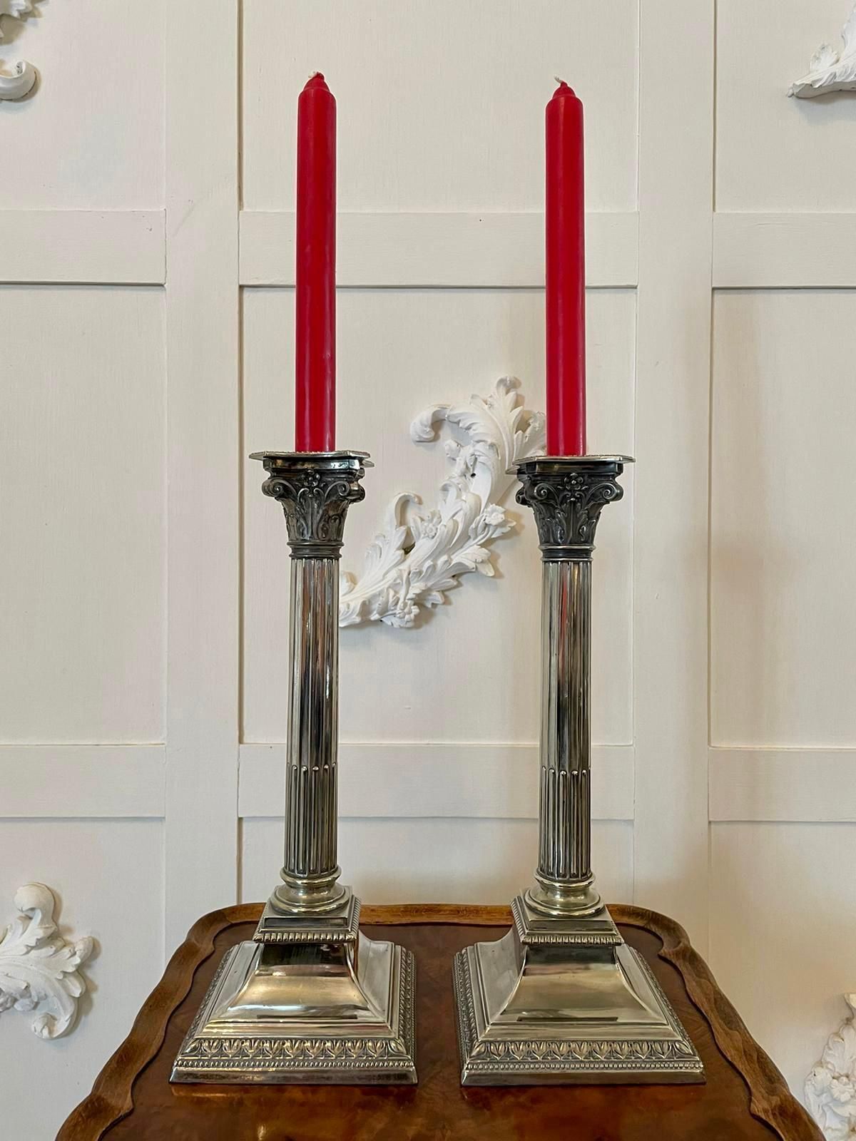 Pair Of Antique Silver Plated Corinthian Candlesticks photo furniture