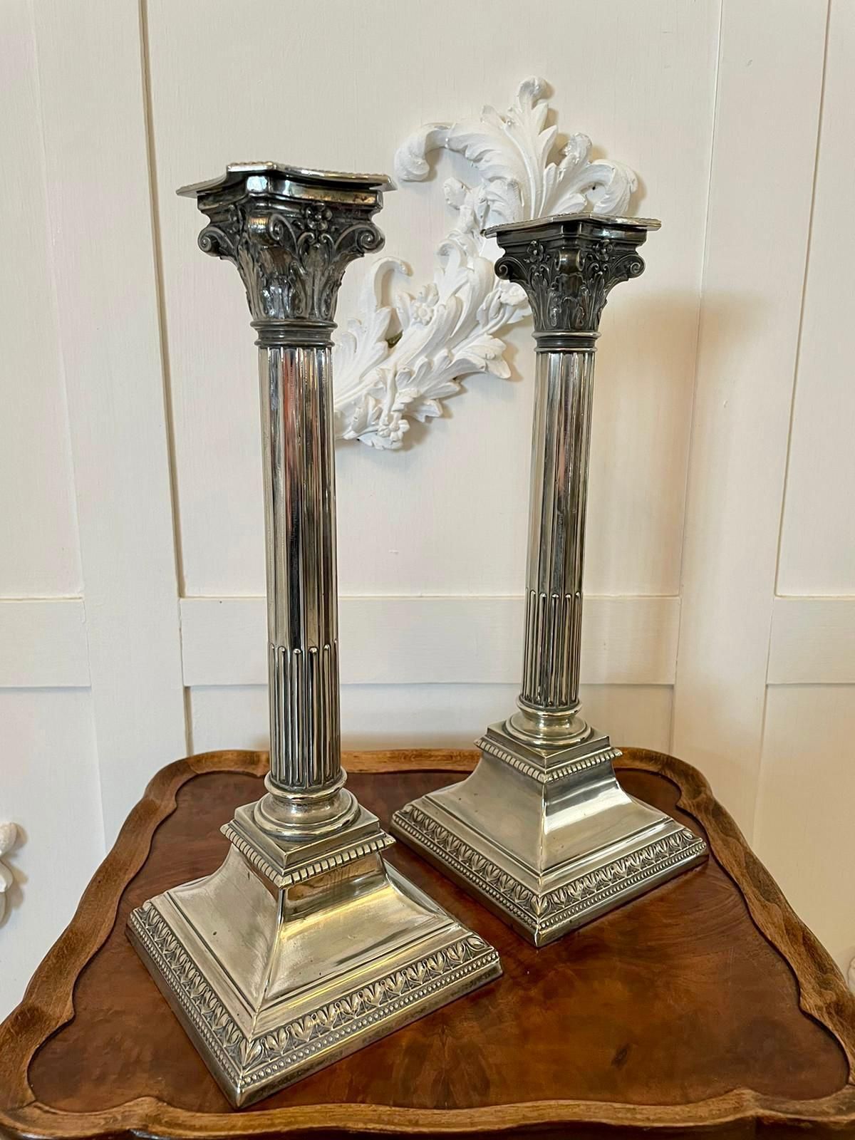 Pair Of Antique Silver Plated Corinthian Candlesticks photo for sale