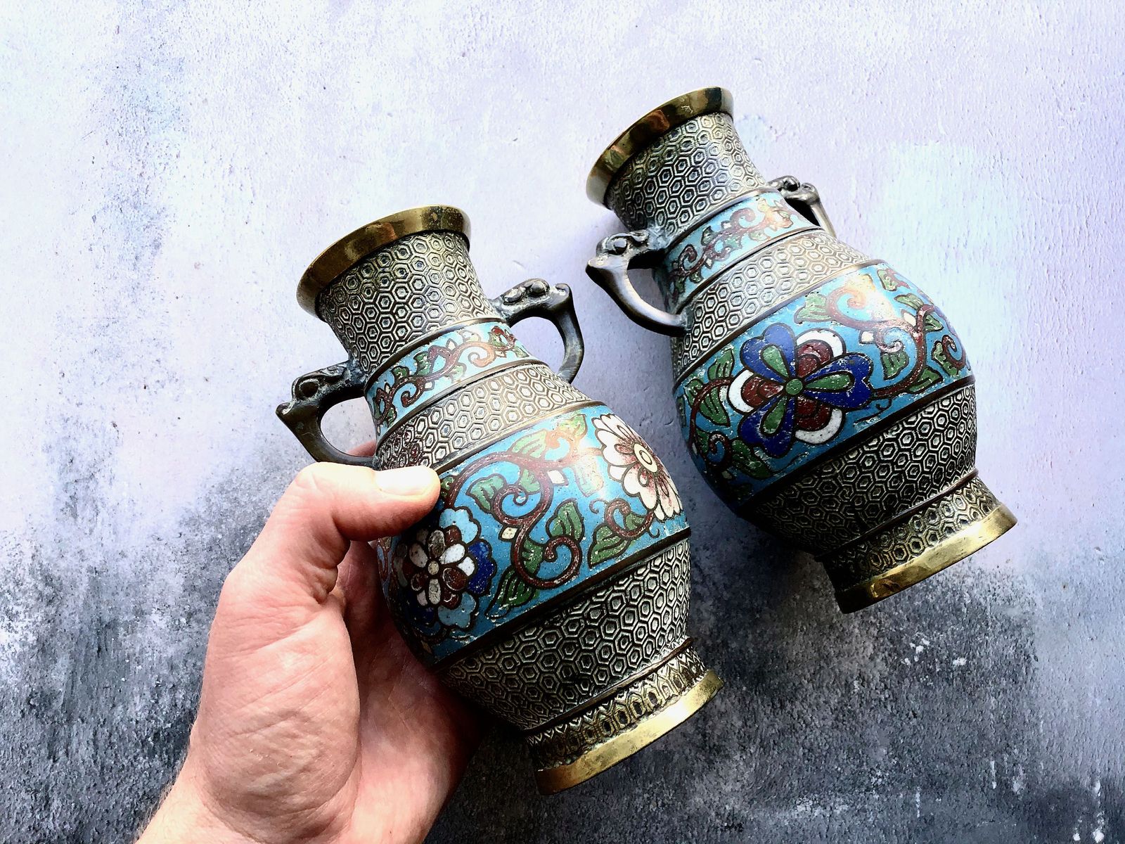Pair Of 19th Century Antique Chinese Enamel Cloisonné Brass Vases photo furniture