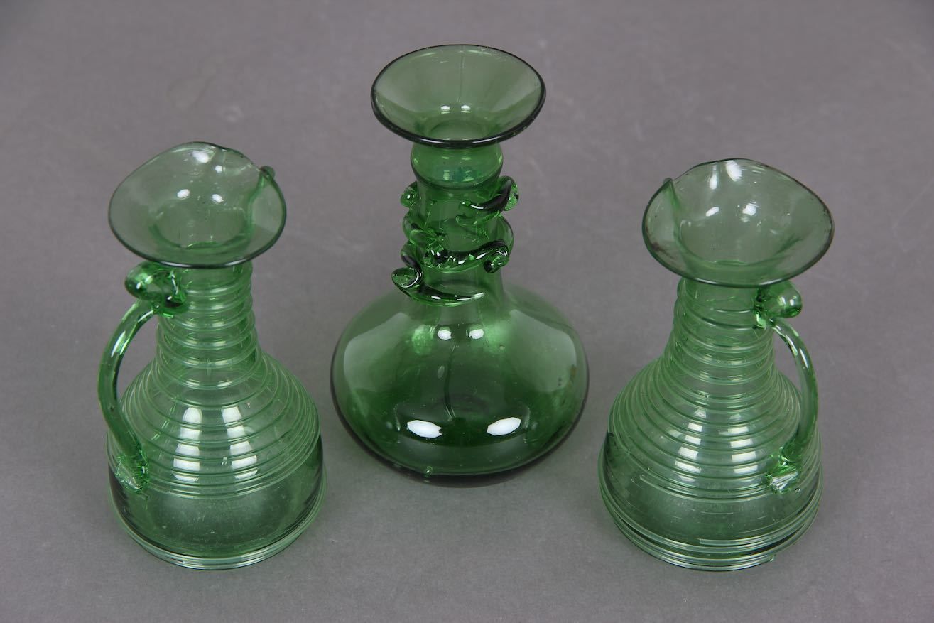 3 Danish Glass Vases / Jugs. Mouth Blown Green Glass. Kastrup Glasværk. photo vinterior