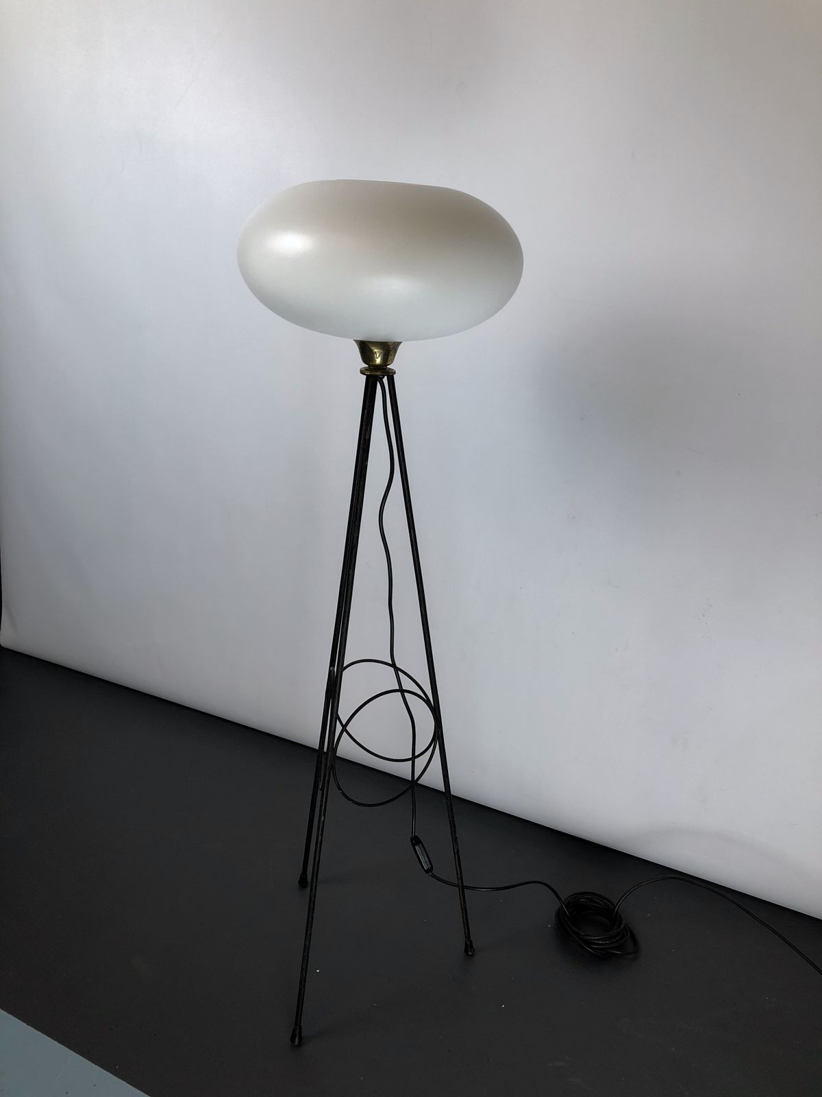 photo for sale Stilnovo, Iconic Italian Brass, Lacquer And Triplex Opaline Glass Tripod Lamp From 50s