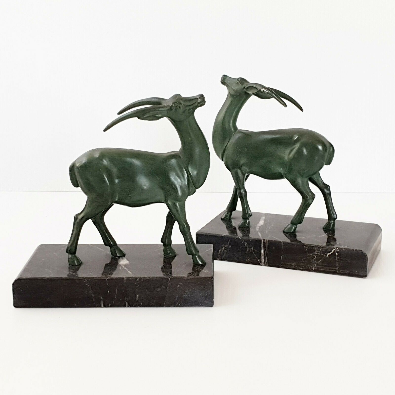 Pair Of Bookend Bouquetins 1940 1950 Vintage In Marble & Metal 40s 50s