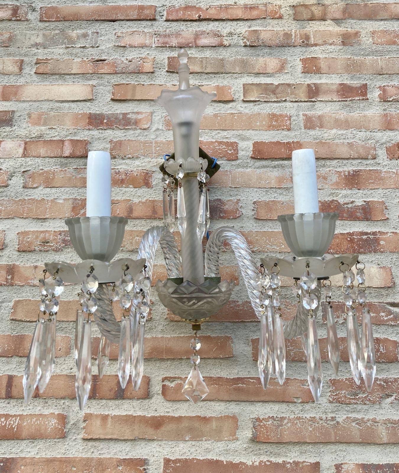 Early 20th Century French Cut Glass Sconces With Crystal, Set Of 2 photo for sale