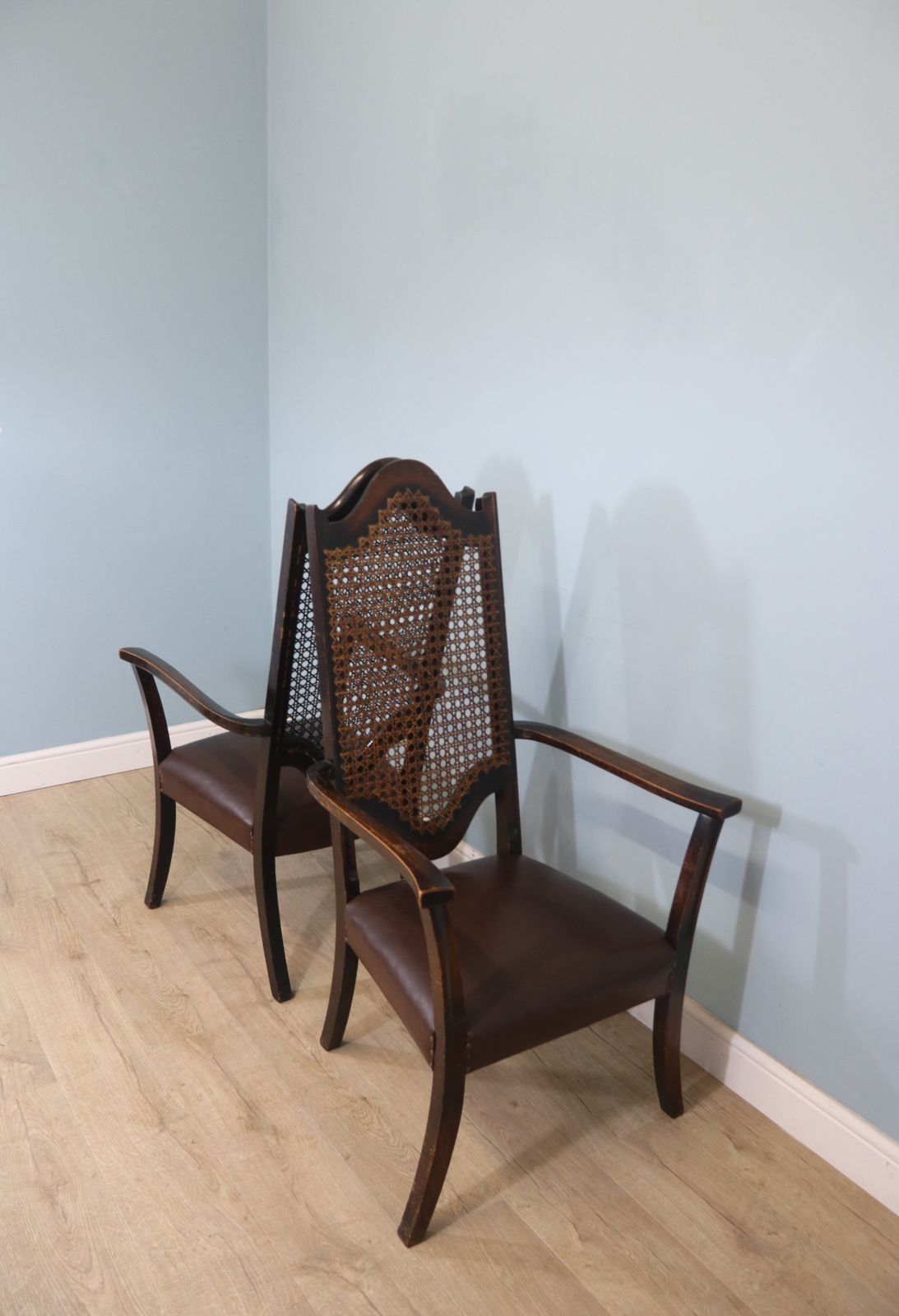 A Lovely Pair Of Early 20th Century Industrial Looking Cane Shield Back Armchairs photo 295.0