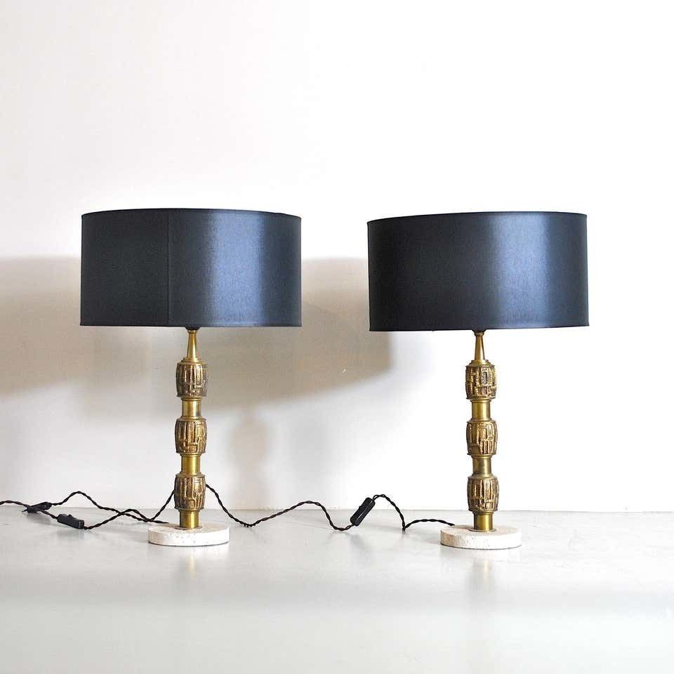 Luciano Frigerio Set Of Midcentury Table Lamps In Brass And Travertine, 1970s photo for sale