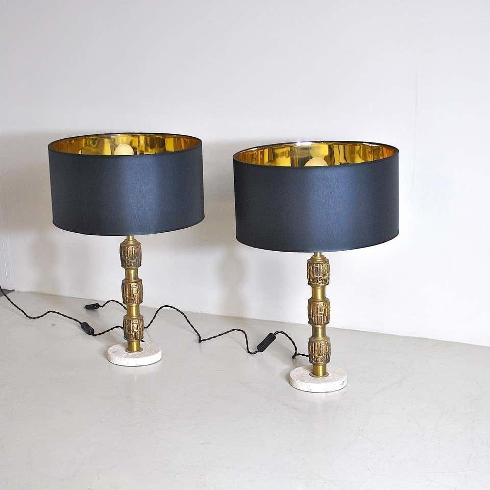 Luciano Frigerio Set Of Midcentury Table Lamps In Brass And Travertine, 1970s photo vinterior