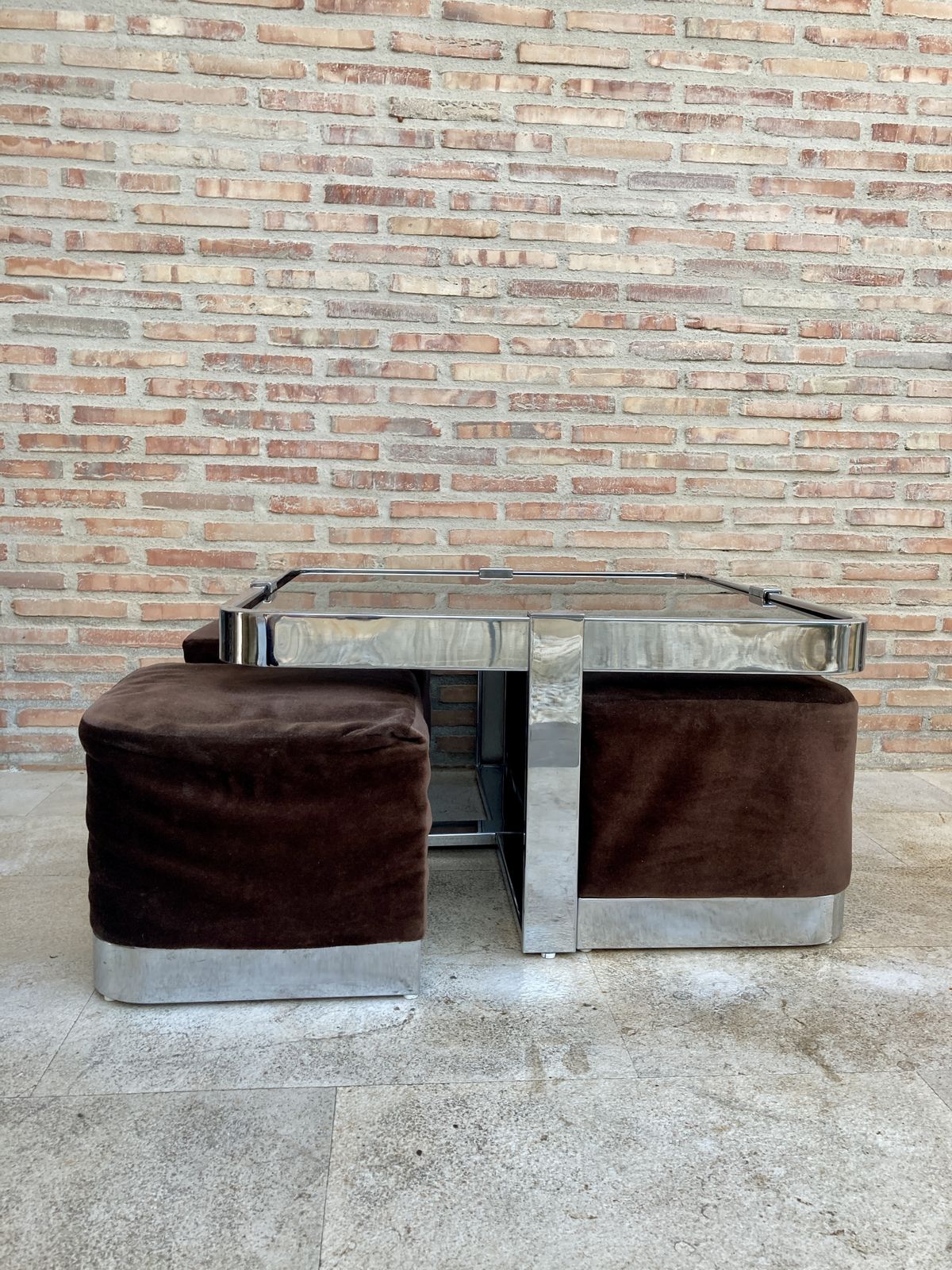 Square Smoked Glass And Steel Coffee Or Side Table With Four Nesting Stools, 1970s, Set Of 5 photo for sale