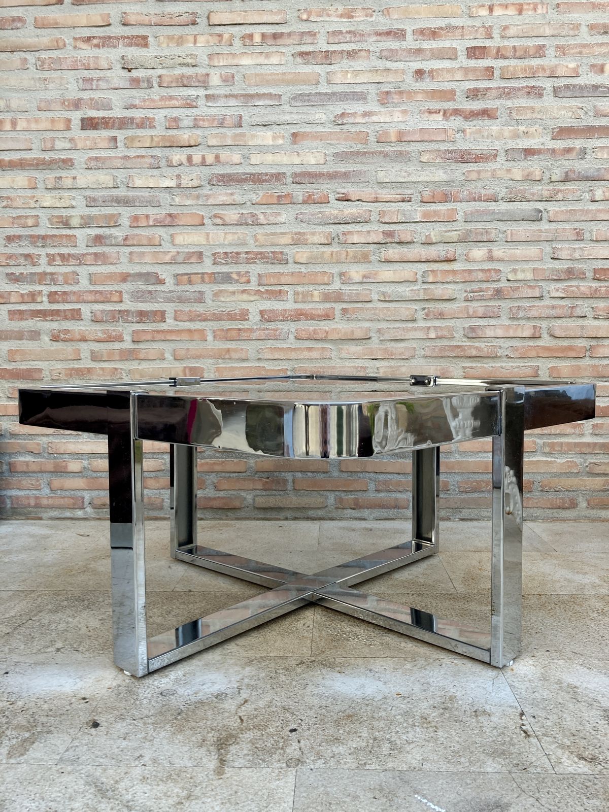 Square Smoked Glass And Steel Coffee Or Side Table With Four Nesting Stools, 1970s, Set Of 5 photo vintage