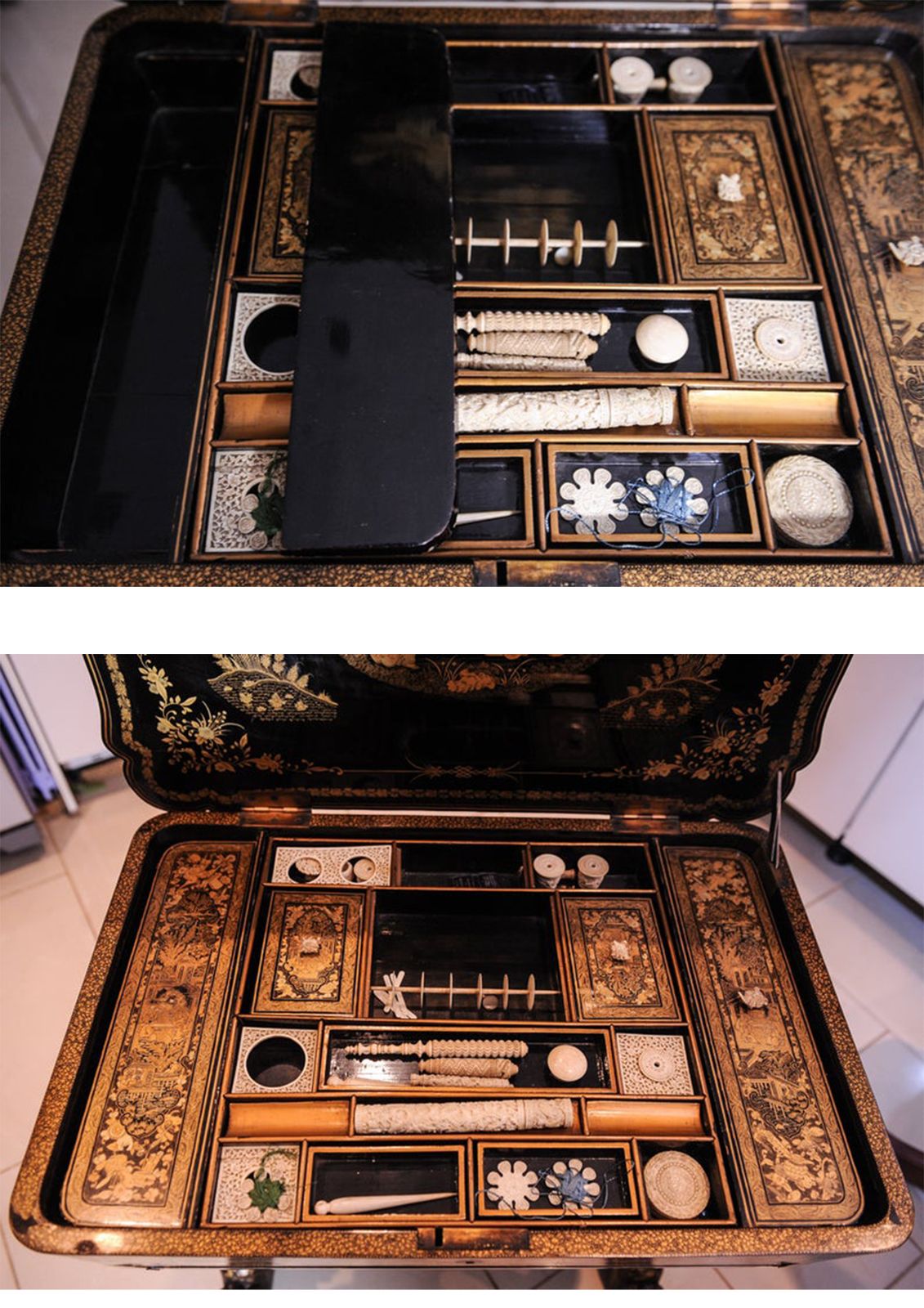1790s Regency China Export Qing Period Chinoiserie Hand Painted Lacquered Sewing Table With Original Bone & Ivory Bobbins Ol photo furniture