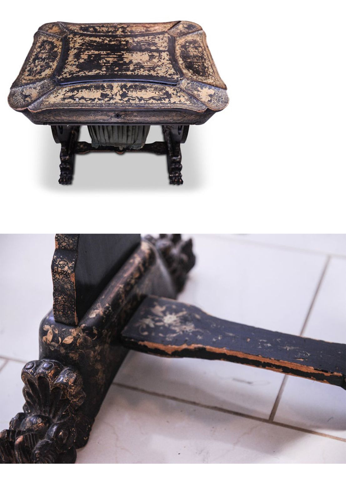 1790s Regency China Export Qing Period Chinoiserie Hand Painted Lacquered Sewing Table With Original Bone & Ivory Bobbins Ol photo for sale