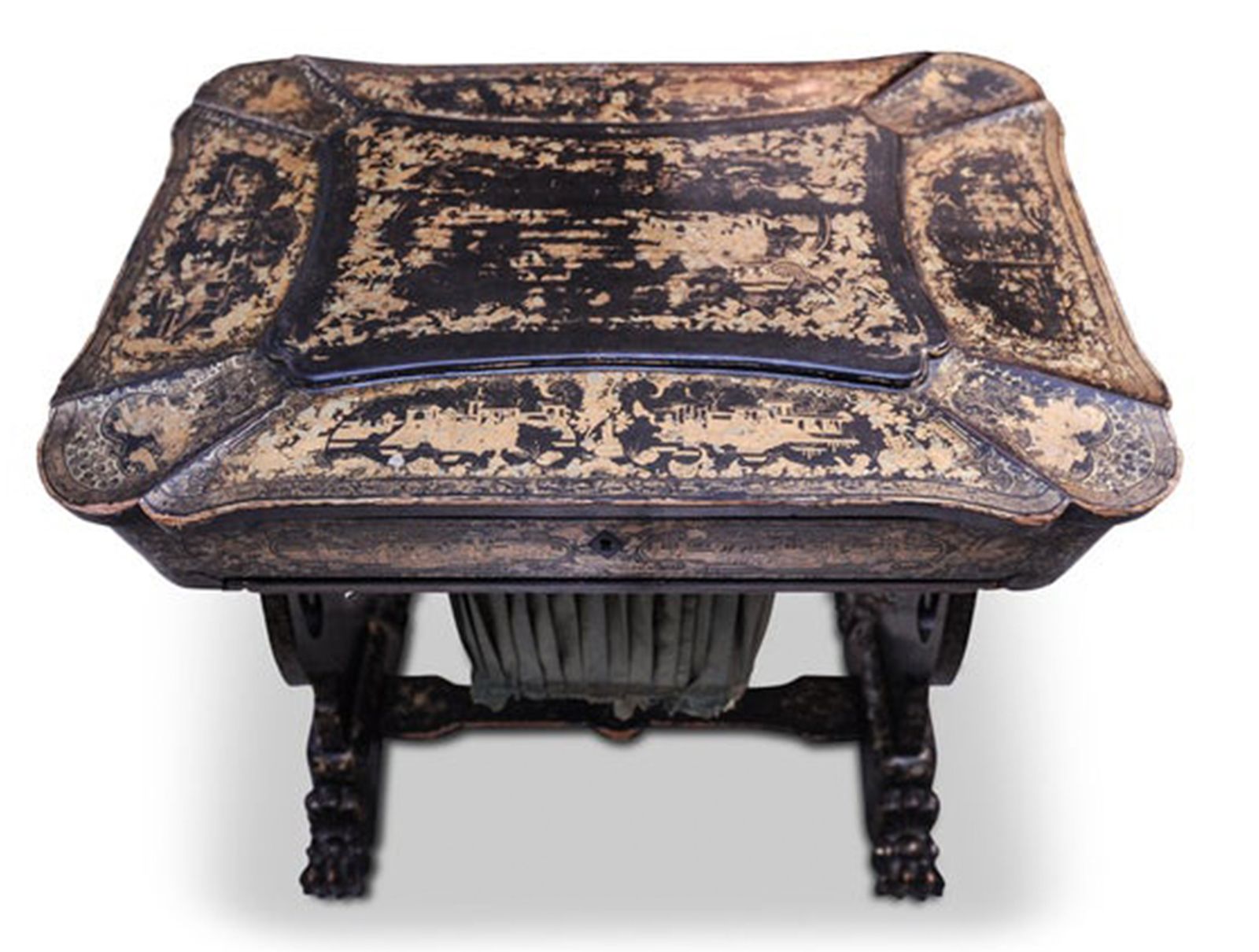 1790s Regency China Export Qing Period Chinoiserie Hand Painted Lacquered Sewing Table With Original Bone & Ivory Bobbins Ol photo vinterior