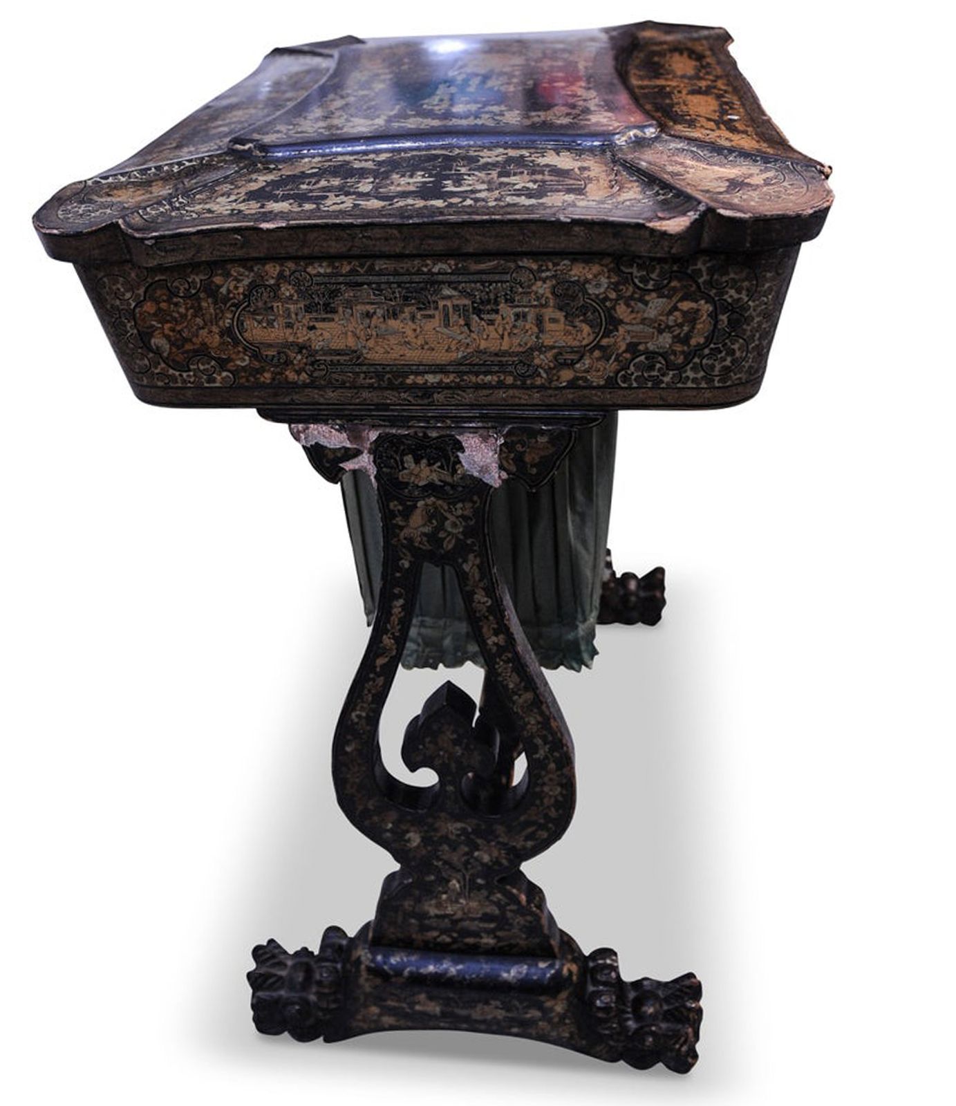 1790s Regency China Export Qing Period Chinoiserie Hand Painted Lacquered Sewing Table With Original Bone & Ivory Bobbins Ol photo vintage