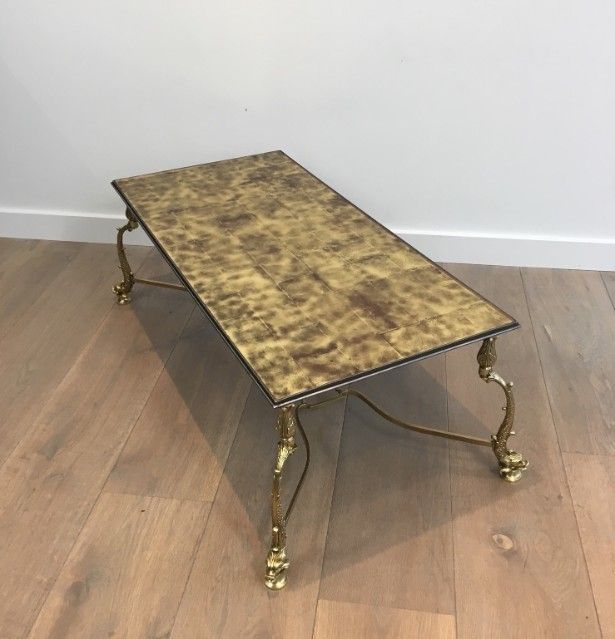 Maison Jansen. Rare Dolfins Neoclassical Brass Coffee Table With Beautiful Gold On Glass Top. French. Circa 1940 photo furniture