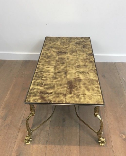 Maison Jansen. Rare Dolfins Neoclassical Brass Coffee Table With Beautiful Gold On Glass Top. French. Circa 1940 photo Furniture