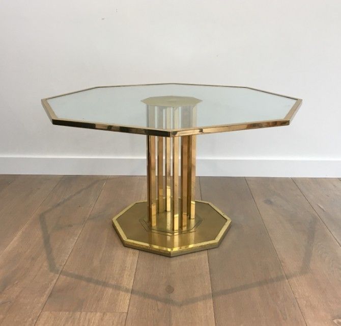 Octogonal Brass And Glass Design Coffee Table. French. Circa 1970 photo Furniture