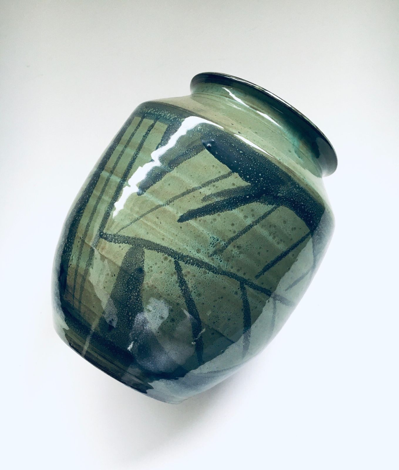 Midcentury Modern Art Studio Pottery Leaf Pattern Vase, 1970s photo vintage