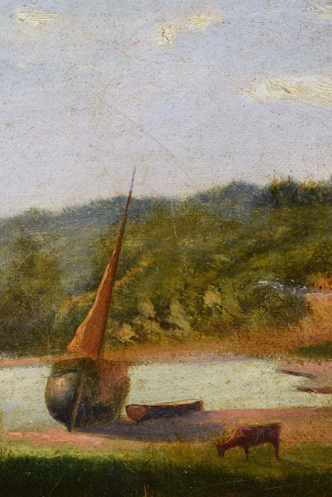 Vintage Oil Painting On Canvas Boat Pastoral Landscape French School photo vintage