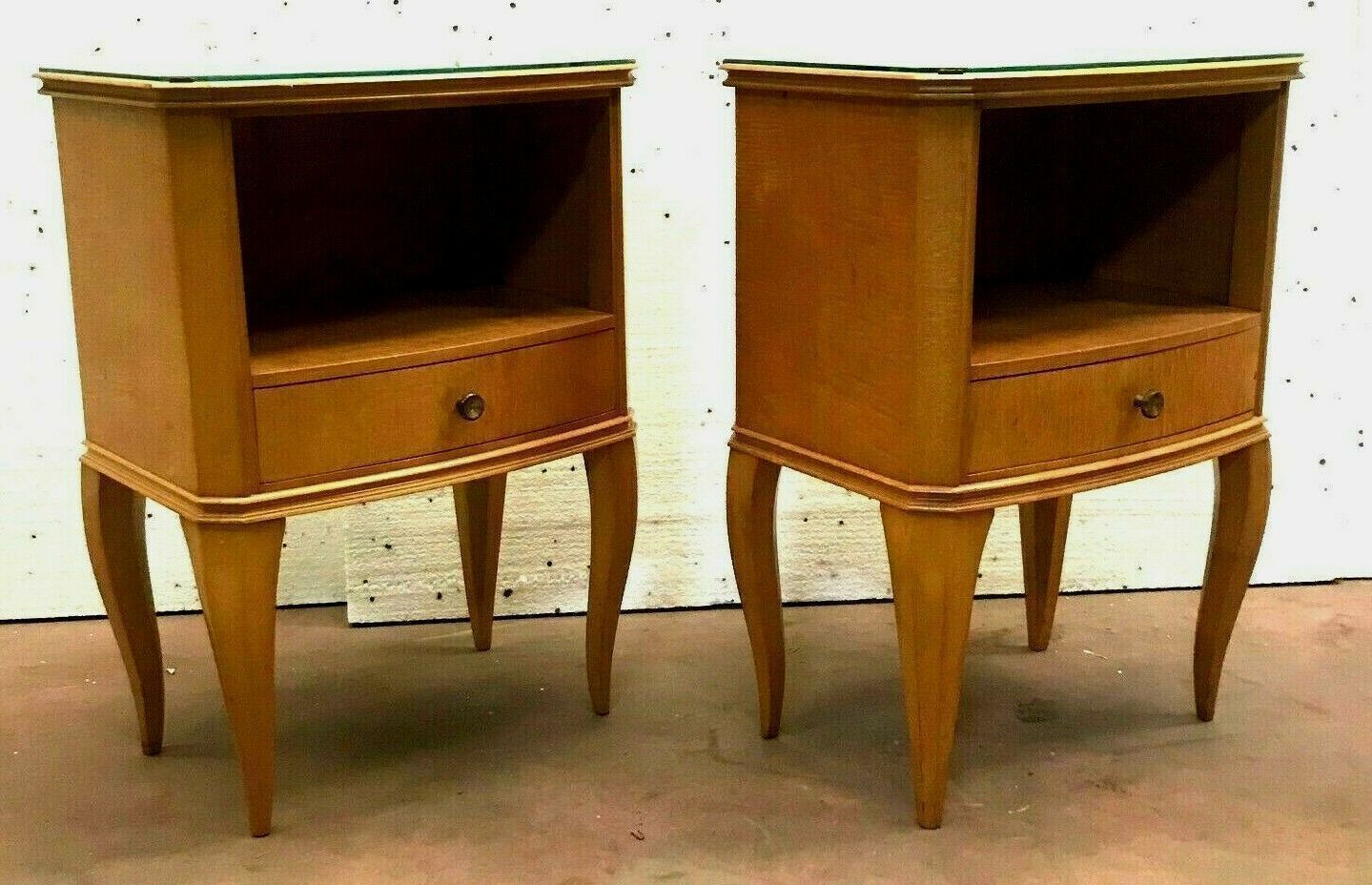 Pair Of Art Deco Bedside Tables In Light Wood Veneer 20th Century