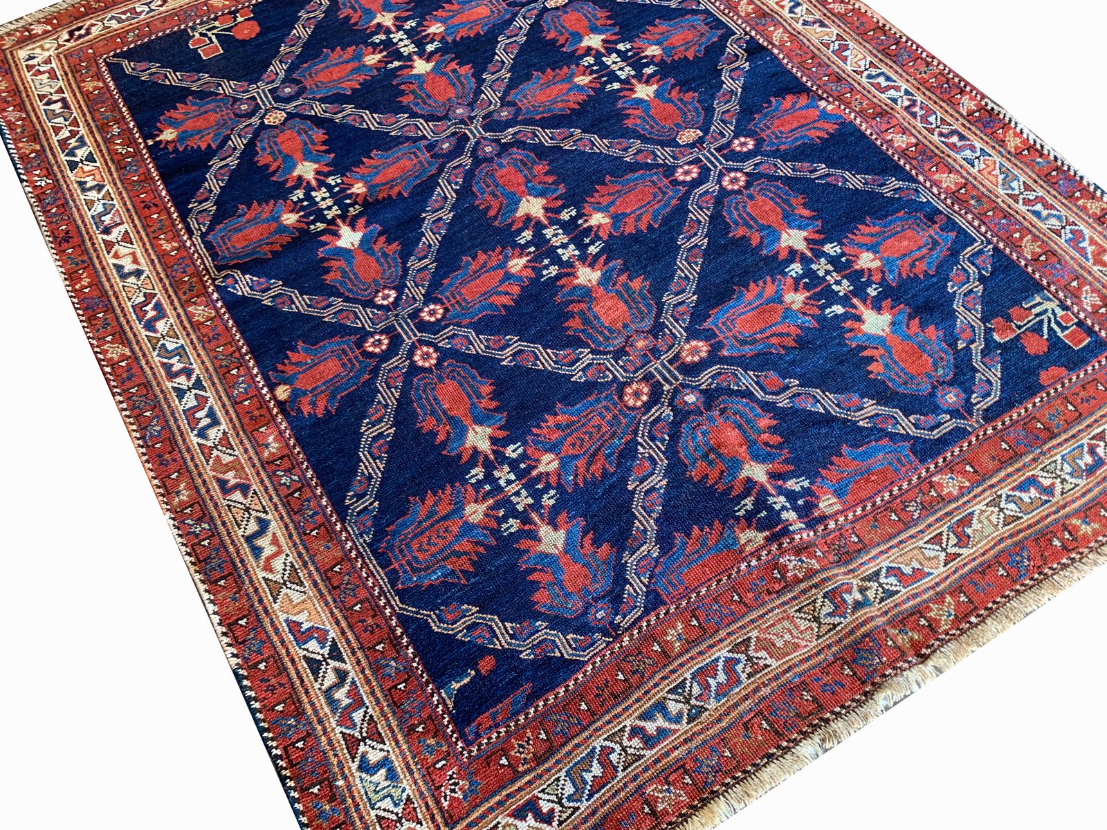 Antique Rugs Handmade Carpet Azerbaijan Blue Wool Rug 131x165cm photo vinterior