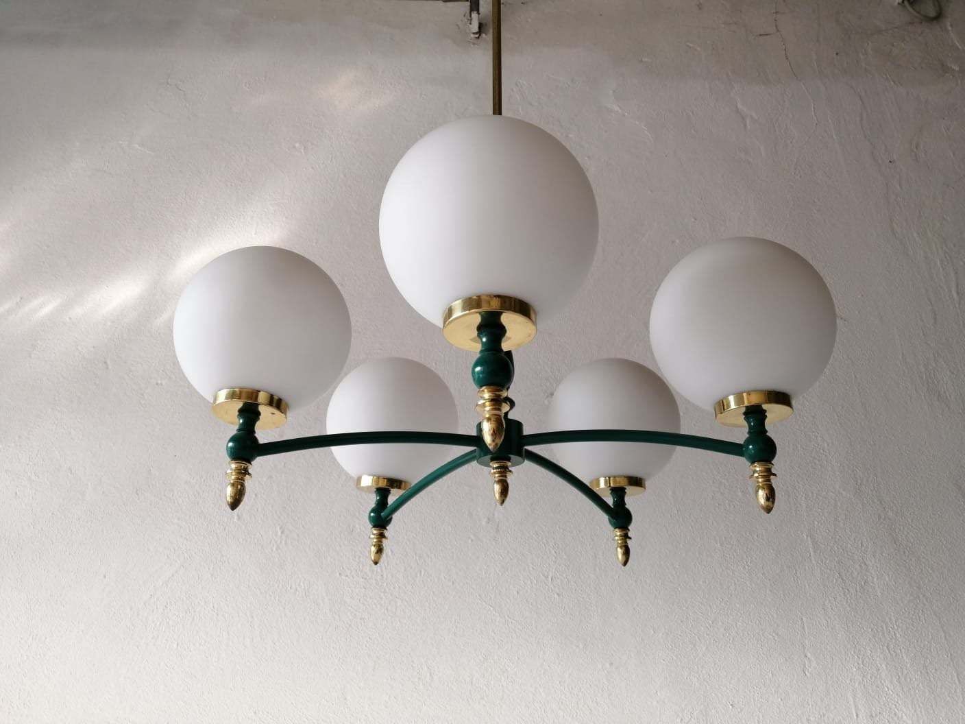 Exceptional Opal Glass Atomic Balls & Green Metal And Brass Body 5 Armed Chandelier   1970s Germany photo furniture