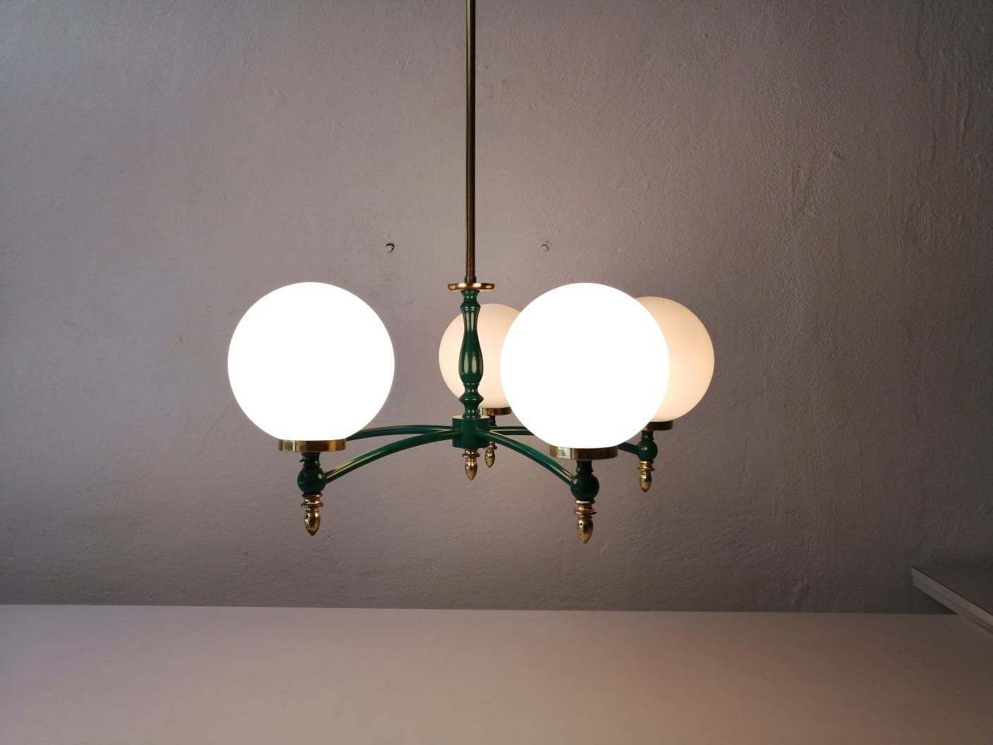 Exceptional Opal Glass Atomic Balls & Green Metal And Brass Body 5 Armed Chandelier   1970s Germany photo vinterior