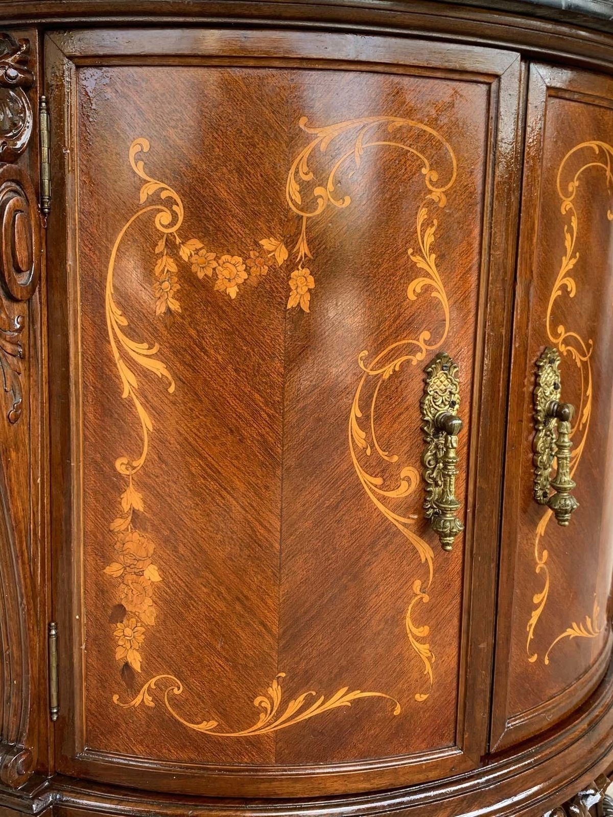 photo for sale Pair Of Carved And Marquetry Nightstands With Two Doors And Hidden Drawer