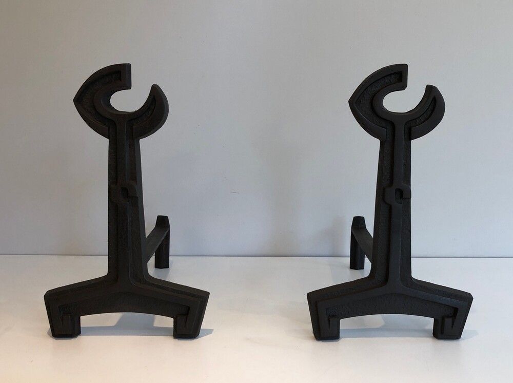Pair Of Cast Iron And Wrought Iron Flat Key Andirons. French. Circa 1950