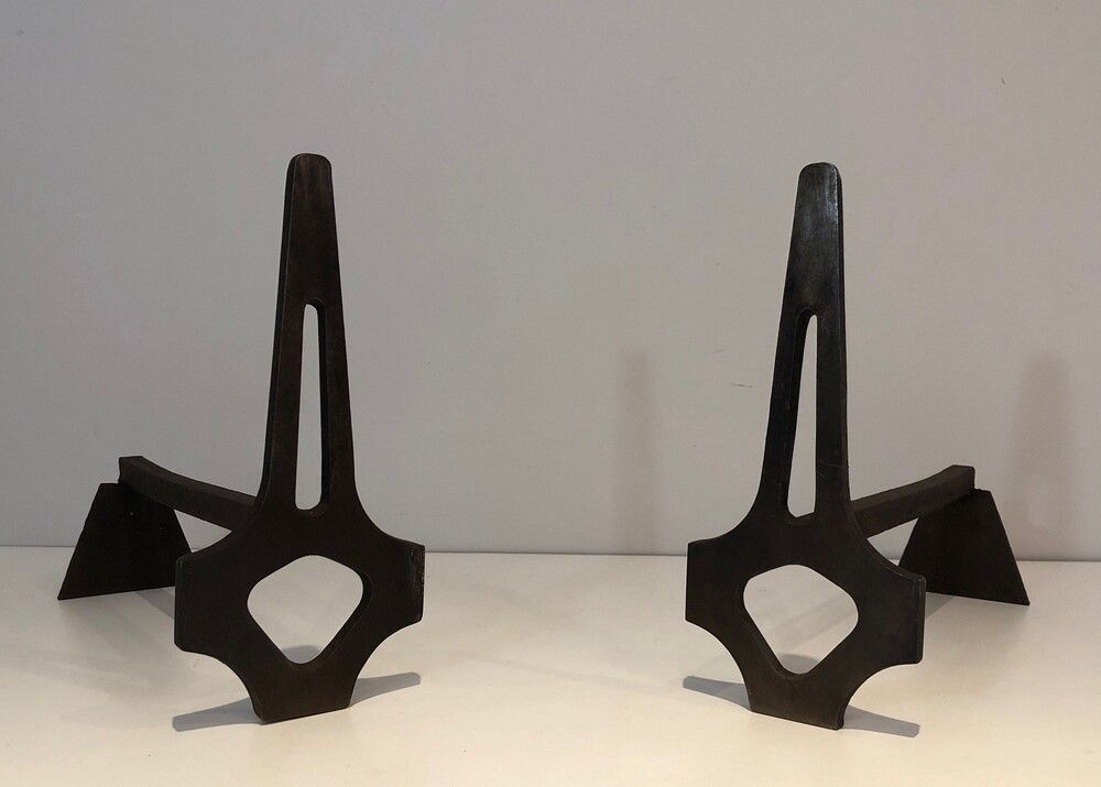 Pair Of Modernist Steel And Wrought Iron Andirons. French. Circa 1970 photo furniture