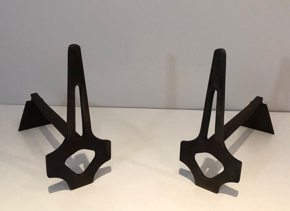 Pair Of Modernist Steel And Wrought Iron Andirons. French. Circa 1970 photo for sale