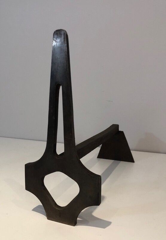 Pair Of Modernist Steel And Wrought Iron Andirons. French. Circa 1970 photo buy