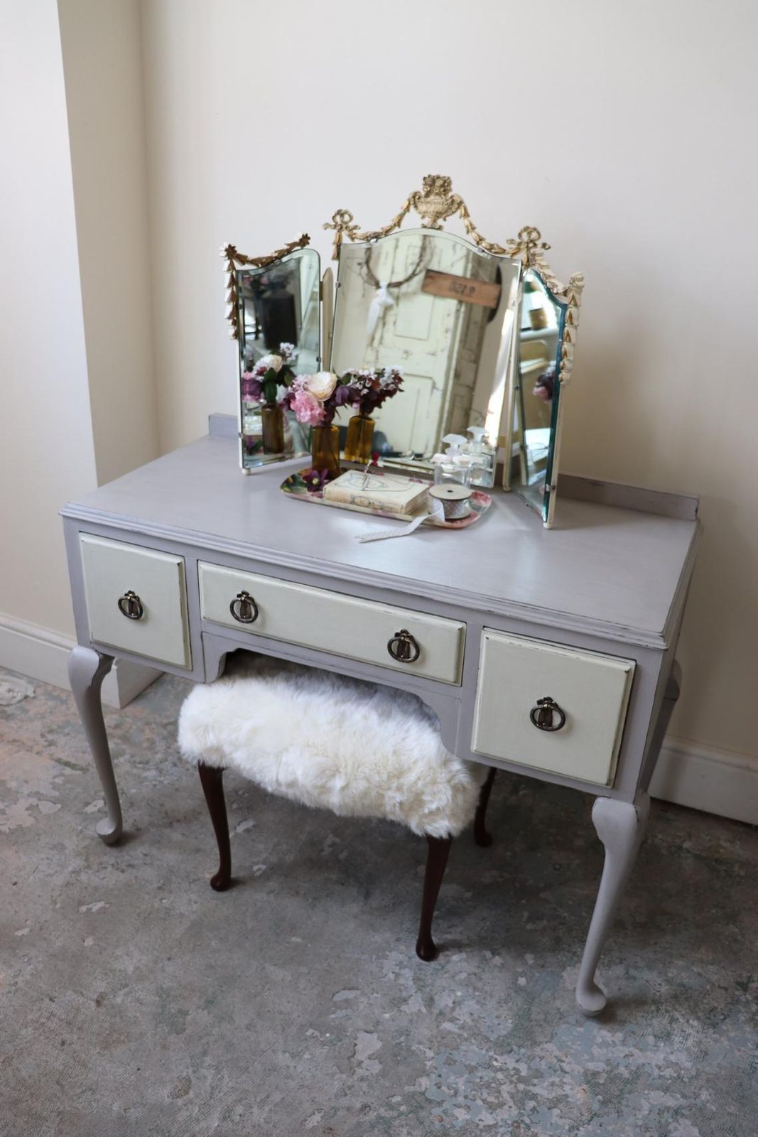 Restored Vintage 1940s Dressing Table In Pastille Grey And Linen photo for sale