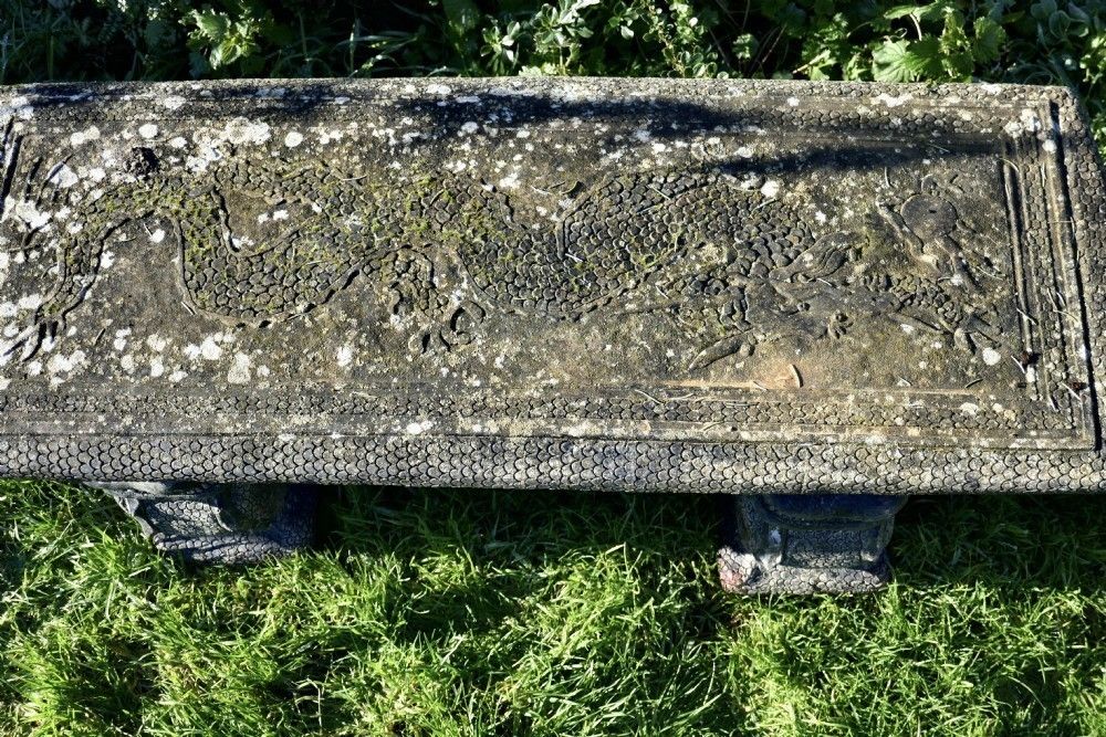 Old Weathered Oriental Cast Garden Bench, With Dragons photo for sale