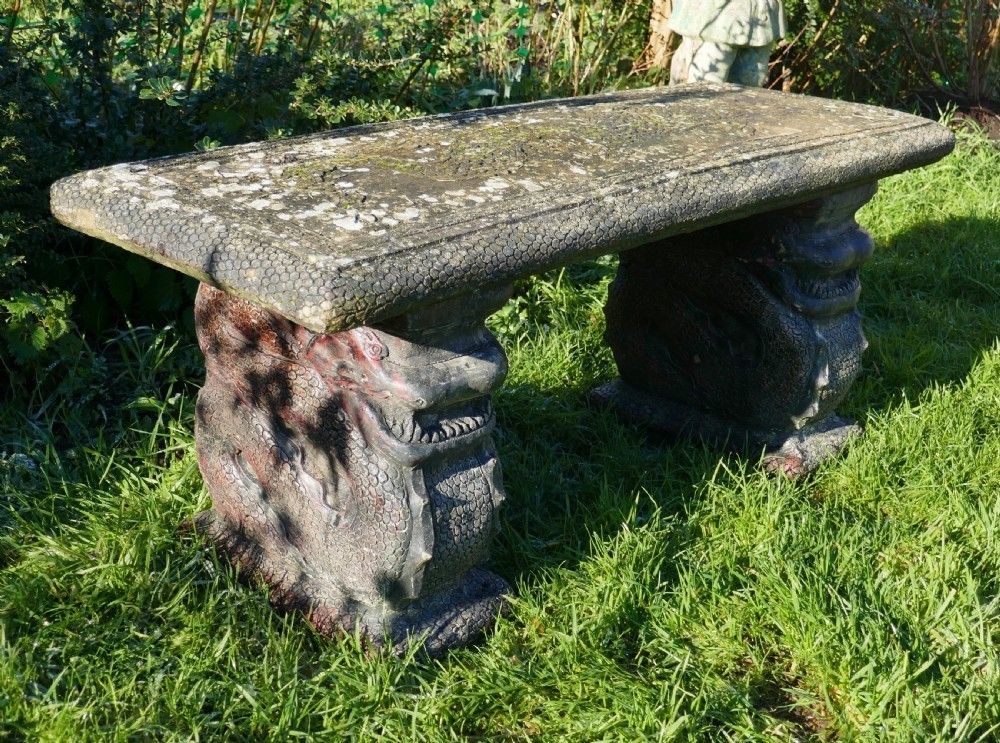 Old Weathered Oriental Cast Garden Bench, With Dragons photo vinterior