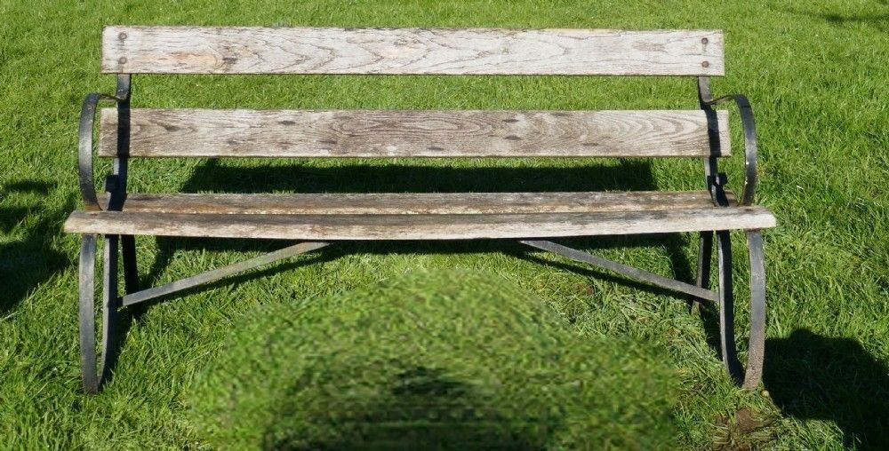 Old Weathered Oak And Iron 6 Bar Garden Bench photo for sale