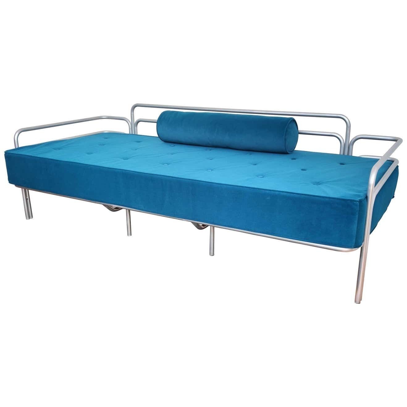1960s Italian Steel And Tufted Velvet Blue Re Upholstered Sofa Or Daybed