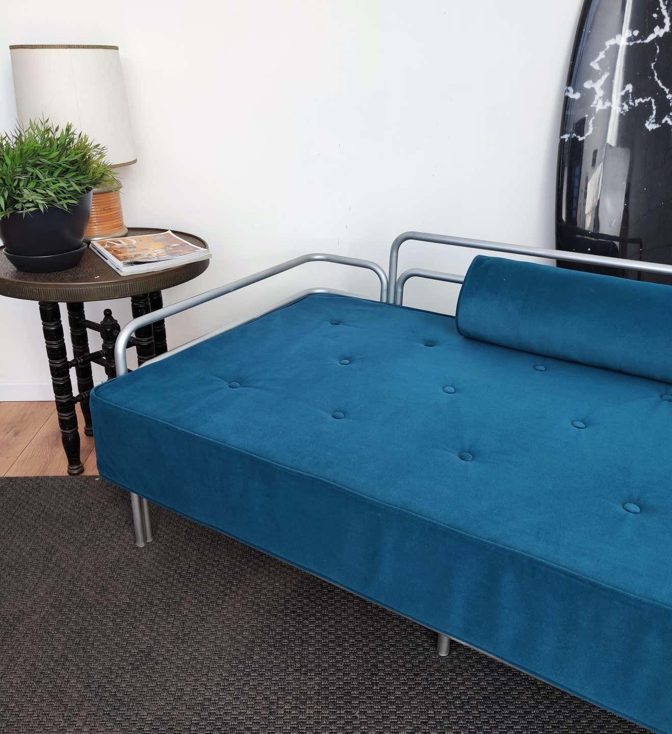 1960s Italian Steel And Tufted Velvet Blue Re Upholstered Sofa Or Daybed photo for sale
