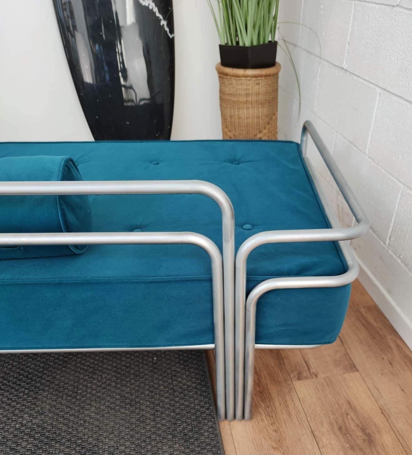1960s Italian Steel And Tufted Velvet Blue Re Upholstered Sofa Or Daybed photo 4191.0