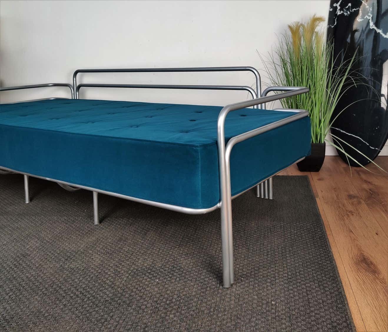 1960s Italian Steel And Tufted Velvet Blue Re Upholstered Sofa Or Daybed photo vinterior
