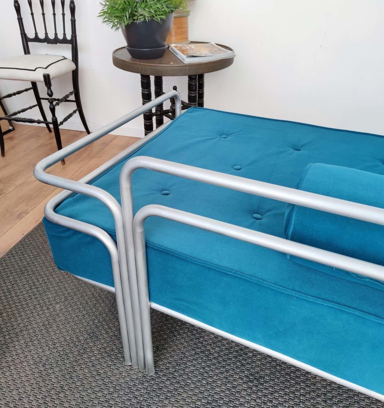 1960s Italian Steel And Tufted Velvet Blue Re Upholstered Sofa Or Daybed photo buy