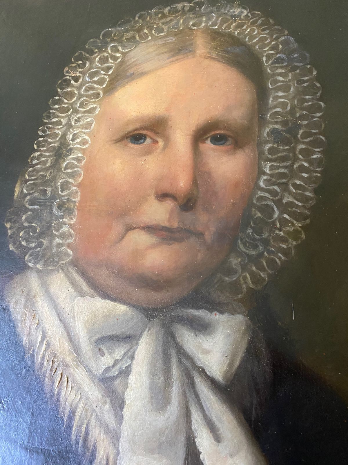 Oil Painting   19th Century Oil Of A Lady Wearing A Crocheted Bonnet photo Art