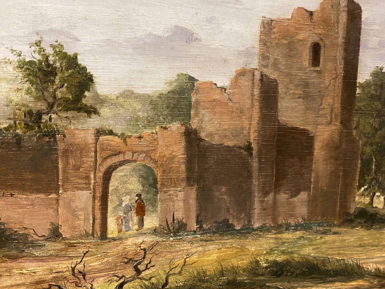 Oil Painting   19th Century Landscape Ruined Castle Gateway photo 625.0